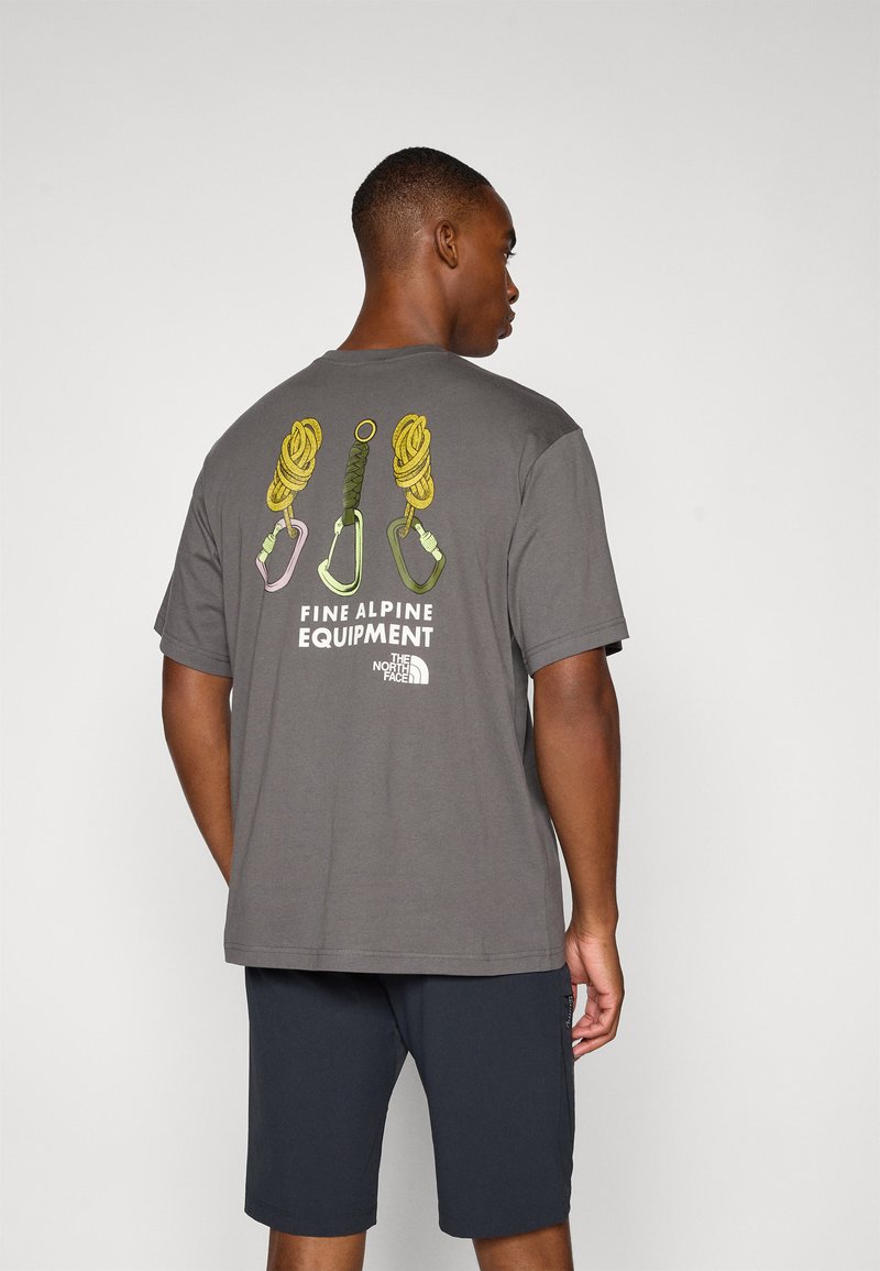 Gray cotton t-shirt featuring a graphic of climbing gear, including ropes and carabiners, with "FINE ALPINE EQUIPMENT" text below.