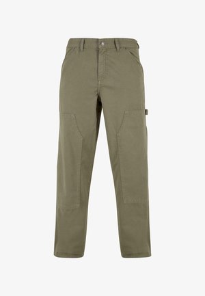 Alyvuogių žalios spalvos medvilnės mišinio cargo kelnės, su šoninėmis kišenėmis, sagų užsegimu ir laisvu pajūriu, sustiprintais siūlais.