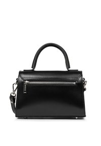 Borsa a tracolla in pelle nera con una forma strutturata, dotata di manico superiore, tracolla removibile e tasca frontale con zip e hardware in argento.