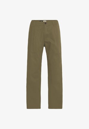 Pantalon en coton vert olive à coupe droite, avec une fermeture à un bouton et deux poches avant. Texture lisse sans motifs visibles.