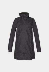Black waterproof jacket with a high collar, long sleeves, and a straight hem. Features minimalistic design and smooth, matte texture.