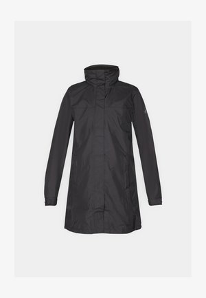 Czarna wodoodporna kurtka z wysokim kołnierzem, długimi rękawami i prostym dołem. Charakteryzuje się minimalistycznym stylem i gładką, matową teksturą.