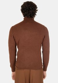 Pullover a collo alto marrone, aderente, con maniche lunghe e polsini a coste, realizzato in materiale liscio e morbido. Design semplice senza motivi visibili.