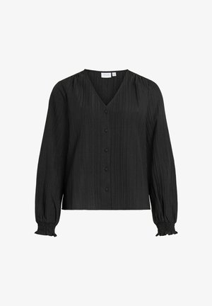 Crna bluza s V-izrezom, dugim rukavima i kopčanjem na gumbe. Ima okomite nabore i skupljene manžete, izrađena od teksturiranog tkanja.