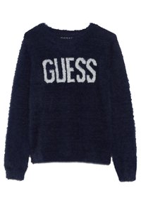 Marineblauer, flauschiger Pullover mit Rundhalsausschnitt und langen Ärmeln. Verziert mit dem Schriftzug „GUESS“ in großen weißen Buchstaben auf der Vorderseite. Weiche Textur.