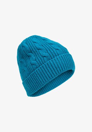Niebieski dziany beanie o strukturze warkoczy i prążkowanym mankiecie. Miękka mieszanka wełny, dopasowany krój i intensywny kolor turkusu.