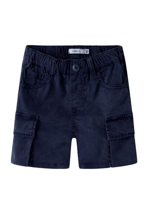 Marineblaue Toddler-Cargoshorts mit elastischem Bund, vorderem Knopf, zwei Seitentaschen und zwei Klappentaschen.