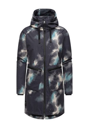 Waterproof parka in dark blue with cloud-like patterns. Features a hood, two zippered front pockets, and a longer back hem.