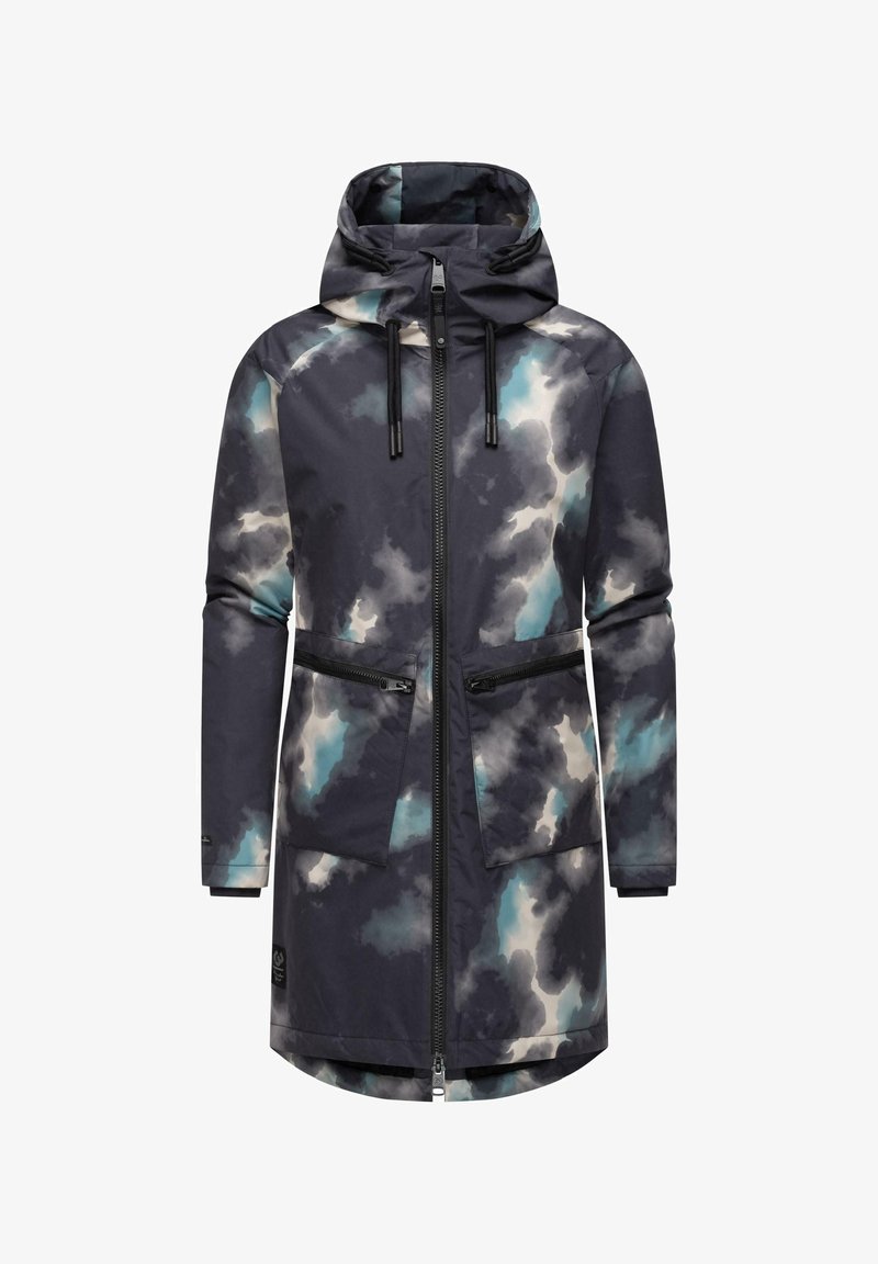 Ūdensnecaurlaidīgs parka tumši zilā krāsā ar mākoņa līdzīgu rakstu. Iekļauj kapuci, divas rāvējslēdzēju priekšējās kabatas un garāku aizmugures apmale.