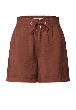 Shorts marron en tissu léger et texturé. Dotés d'une taille élastique avec cordon de serrage et accents métalliques.