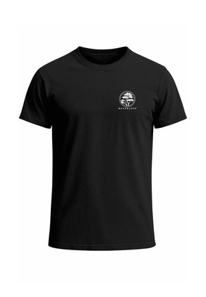 Black short-sleeve t-shirt made of cotton. Features a round neckline and a white graphic with a tree and text on the left chest area.