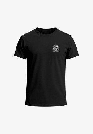 Schwarzes kurzärmeliges T-Shirt aus Baumwolle. Verfügt über einen runden Ausschnitt und eine weiße Grafik mit einem Baum sowie Text auf der linken Brustseite.