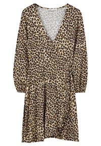 Robe portefeuille à manches longues avec imprimé léopard marron et noir, encolure en V, poignets élastiques et bordure à volants le long de la fermeture avant.