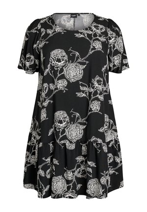 Schwarzes, kurzärmeliges Kleid mit weißem, detailreichem Blumenmuster und gerafftem Volant-Saum.