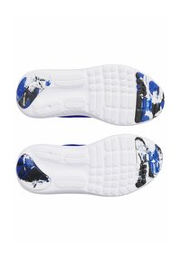 Plantillas de zapatillas deportivas en azul y blanco con agarres de goma texturizados. Presenta salpicaduras de patrones en negro y azul que parecen pintura en la parte inferior.