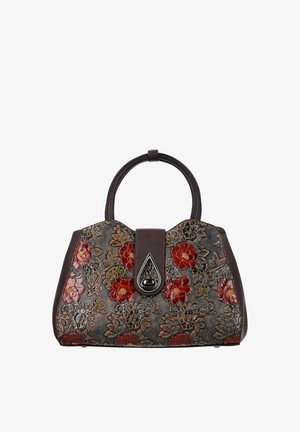 Leren handtas met geperst bloemmotief in rood en roze, donkerbruine handvatten en een druppelvormige voorsluiting.
