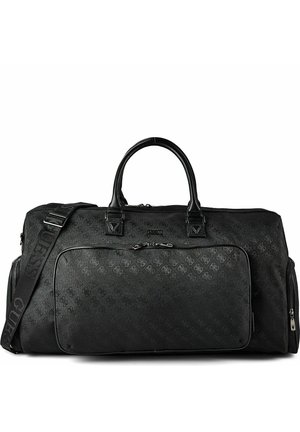 Sac polochon noir de créateur avec motif de logo texturé, double poignées supérieures, poche avant zippée et bandoulière ajustable.