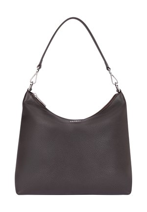 Dark gray leather shoulder bag with a textured finish, curved top, silver hardware, and a zip closure. Features a single adjustable strap.