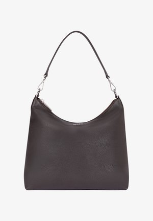 Dark gray leather shoulder bag with a textured finish, curved top, silver hardware, and a zip closure. Features a single adjustable strap.