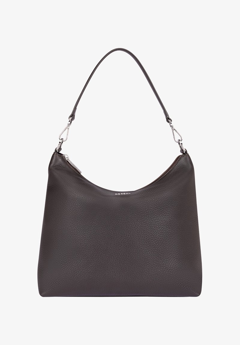 Dunkelgraue Leder-Schultertasche mit strukturiertem Finish, geschwungenem Oberteil, silberner Hardware und Reißverschluss. Verfügt über einen einzelnen verstellbaren Tragegurt.