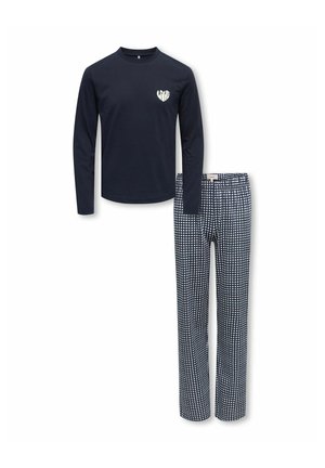 Haut bleu marine à manches longues avec petit logo cœur blanc, associé à un pantalon droit à carreaux bleu marine et blanc.
