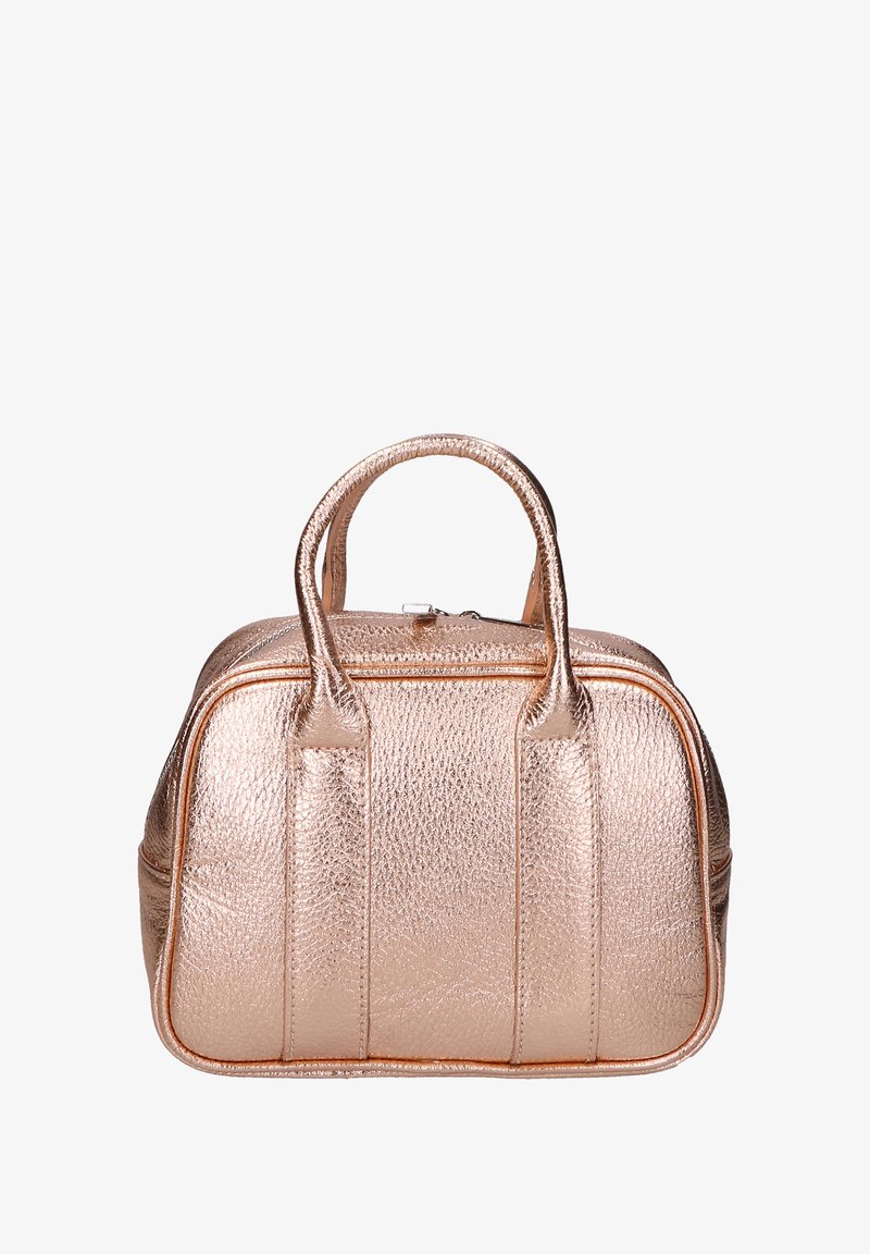 Borsa a mano in rosa gold metallico, design strutturato, superficie texturizzata, doppi manici, chiusura a zip e accenti a contrasto.