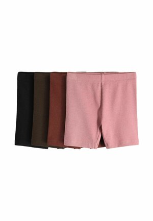 Vier Paar gerippte Strickshorts in Schwarz, Dunkelbraun, Rötlichbraun und Pink, nebeneinander auf weißem Hintergrund angeordnet.