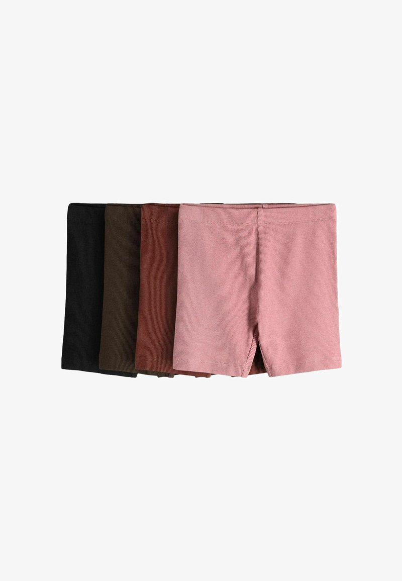Cuatro pares de pantalones cortos de punto acanalado en negro, marrón oscuro, marrón rojizo y rosa, dispuestos uno al lado del otro sobre un fondo blanco.