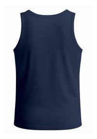Navy blue tank top with a round neckline, sleeveless design, smooth texture, and straightforward, clean stitching, viewed from the back.