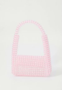 Pink beaded handbag with a structured rectangular shape and a short, rounded handle. Translucent beads create a textured surface.