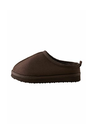 Dark brown slip-on slipper with soft fabric upper and textured sole, designed for indoor comfort.