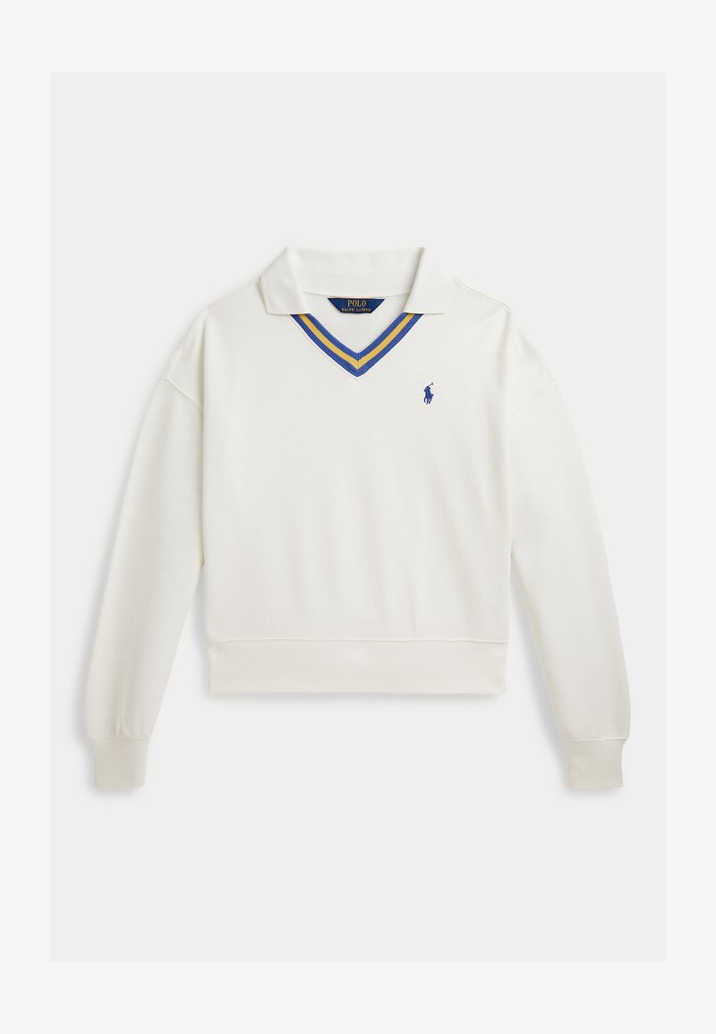 Λευκό πόλο πουκάμισο με μακριά μανίκια, V-λαιμόκοψη με ρίγες σε μπλε και κίτρινο χρώμα και μικρό κεντημένο μπλε λογότυπο στο αριστερό στήθος.