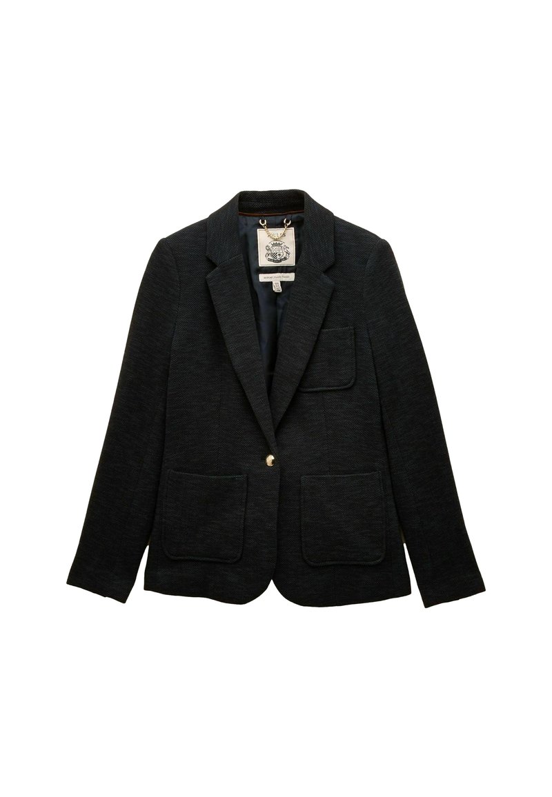 Tmavý štruktúrovaný blejzer s klopovým golierom, dvoma prednými vreckami, jedným zlatým gombíkom na zapínanie a podšívkou.