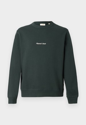 Mørkegrønn hettegenser med rund hals, ribbestrikkede ermer og nederkant. Har hvit brodert tekst på brystet. Laget av en bomullsblanding.