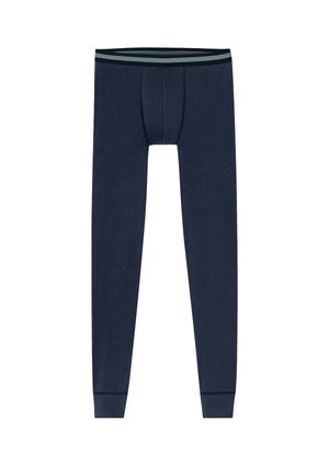 Navy long underwear made of a soft, stretchy material, featuring a contrasting striped waistband and fitted legs.