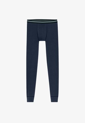 Navy long underwear made of a soft, stretchy material, featuring a contrasting striped waistband and fitted legs.