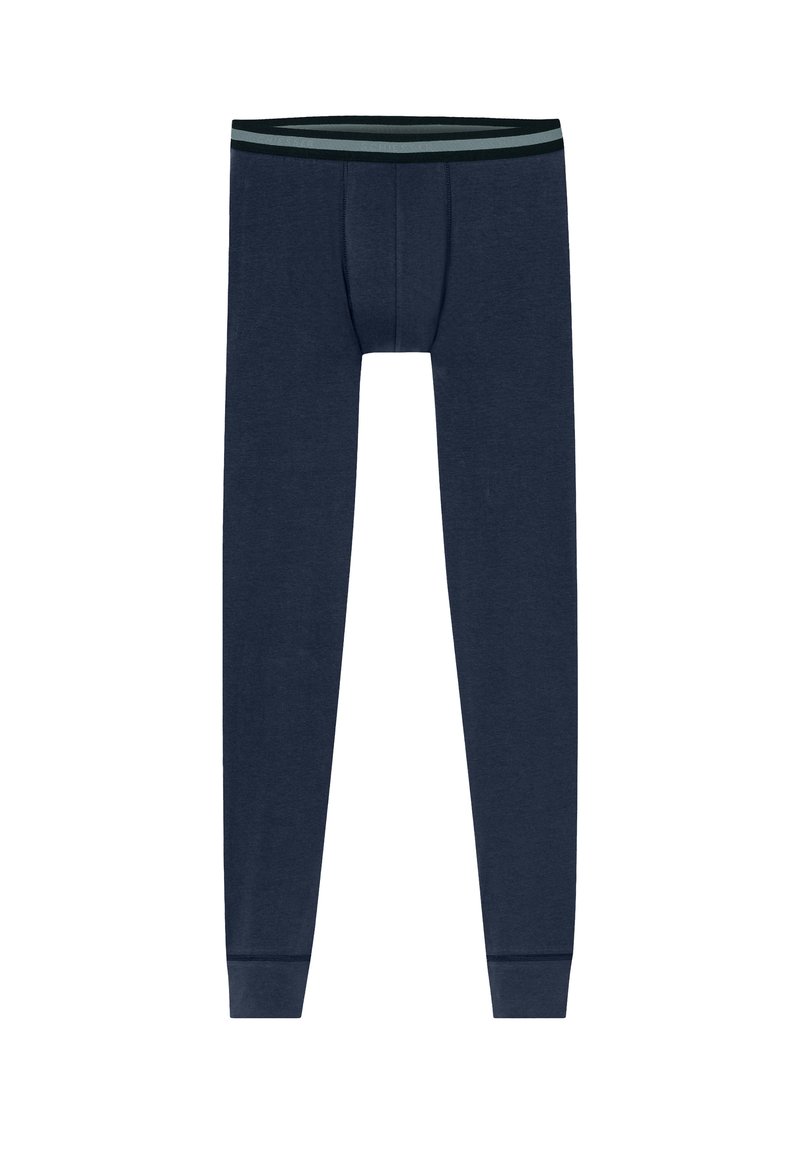 Navy long underwear made of a soft, stretchy material, featuring a contrasting striped waistband and fitted legs.