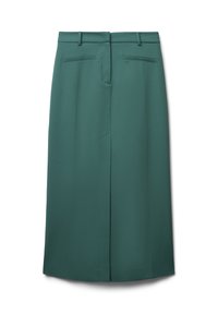 Jupe crayon verte en tissu lisse, dotée d'une fente au dos, de deux poches arrière et d'une taille cintrée.