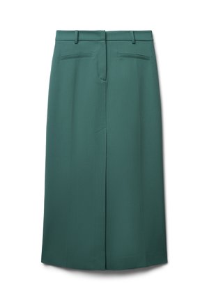 Grüne Bleistiftrock aus glattem Stoff, mit einem Schlitzausschnitt hinten, zwei Gesäßtaschen und einem taillierten Taillenbund.