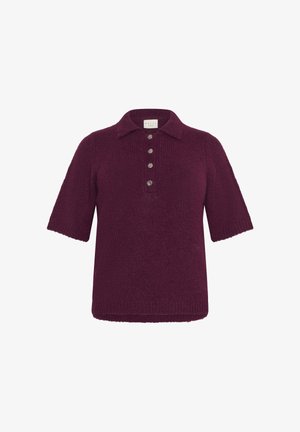 Maglione polo in maglia bordeaux a maniche corte con quattro bottoni decorativi argentati e un tessuto morbido e testurizzato.
