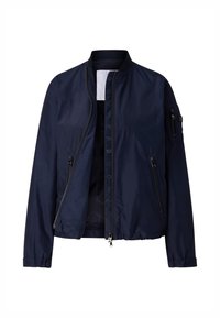 Navy blue lightweight bomber jacket with full front zipper, zippered side pockets, zippered sleeve pocket, and ribbed collar and cuffs.