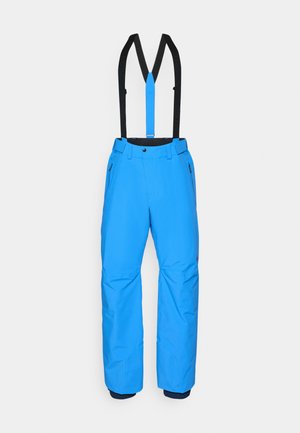 Blue snow pants with adjustable black suspenders, side pockets, and elastic ankles. Smooth texture, waterproof material designed for winter activities.