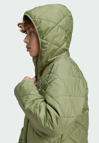 Giacca trapuntata verde oliva con cappuccio, dotata di chiusura con zip e cuciture strutturate. Design isolato per il calore.