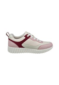 Sneaker mit einem Obermaterial aus rosa und cremefarbenem Leder, akzentuiert mit einem burgunderfarbenen Panel. Verfügt über eine dicke, gerippte weiße Sohle und kontrastierende Schnürsenkel.