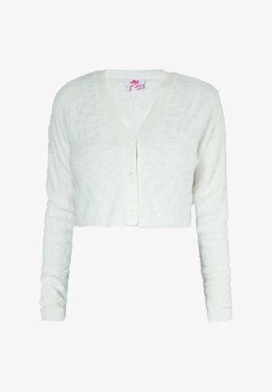 Witte, korte cardigan met lange mouwen, gemaakt van zacht, gearceerd materiaal. Heeft een diepe V-hals en drie knopen aan de voorkant.