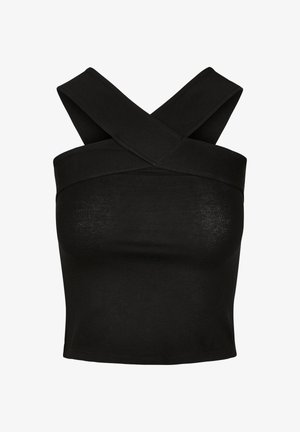 Débardeur court noir avec larges bretelles croisées aux épaules et silhouette ajustée.