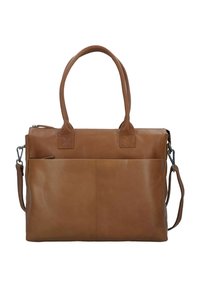 Bruine leren handtas met dubbele bovenhandvatten, afneembare schouderriem, ritssluiting en voorvak. Soepele textuur met minimale hardwareaccenten.