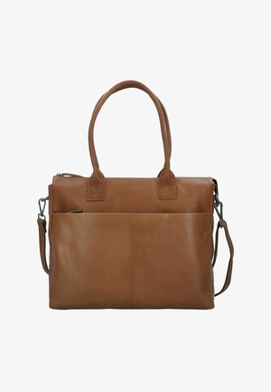 Bruine leren handtas met dubbele bovenhandvatten, afneembare schouderriem, ritssluiting en voorvak. Soepele textuur met minimale hardwareaccenten.