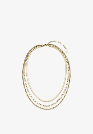 Gelaagde ketting in goudkleur met meerdere kettontwerpen: een gladde slangketting, uitgerekte schakels en een klassieke curb-ketting met een sluiting.