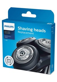 Têtes de rasage de remplacement Philips, comprenant trois lames rondes métalliques avec un boîtier en plastique noir, emballées dans une boîte bleue avec un crochet.